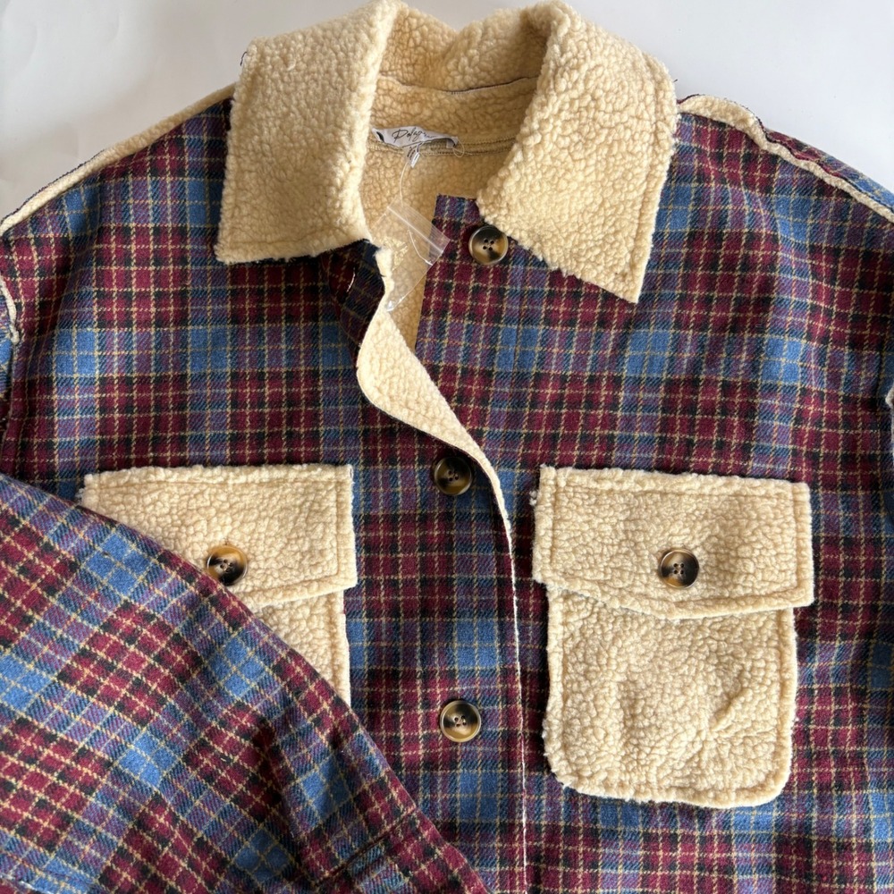 Polagram Womens Large Plaid Sherpa‎ Shacket Button Front Cozy Fall Winter NEW